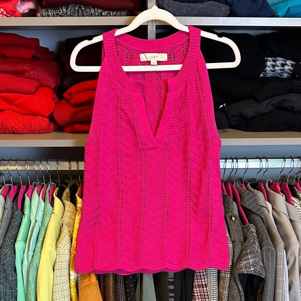 Loft fuschia sleeveless v neck open knit sweater size S